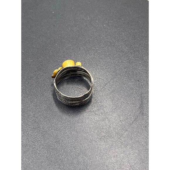 Artisan Pebbled Sterling Silver and Brass 6mm Opal Cabochon Floral Ring Sz 9 - Picture 7 of 11